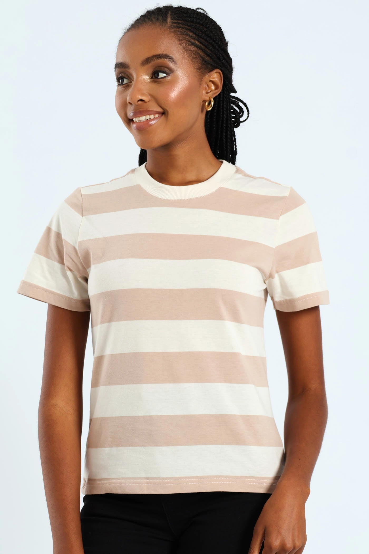 Boxy Bold Stripe Tee With Plain Rib Neck Detail - Taupe/Cream Soft Touch Feel SeamlessKnitConstruction