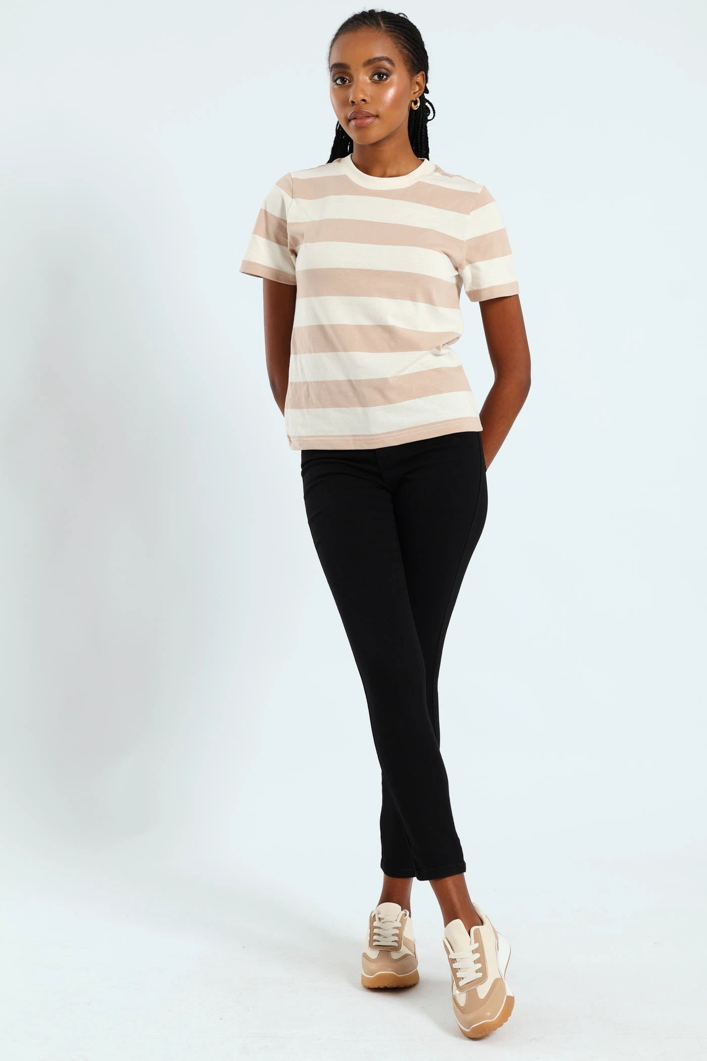 Lightweight Layering Option Comfortable fit Boxy Bold Stripe Tee With Plain Rib Neck Detail - Taupe/Cream