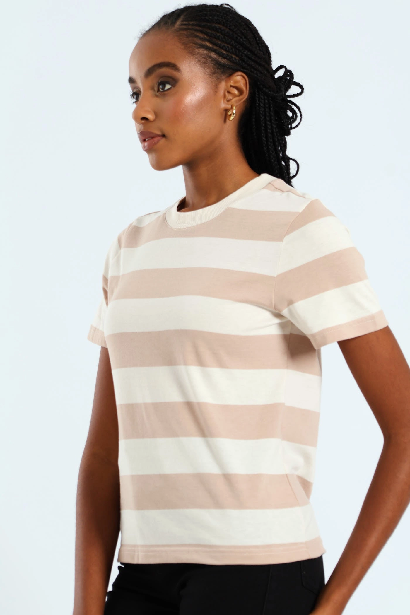 Antibacterial Boxy Bold Stripe Tee With Plain Rib Neck Detail - Taupe/Cream