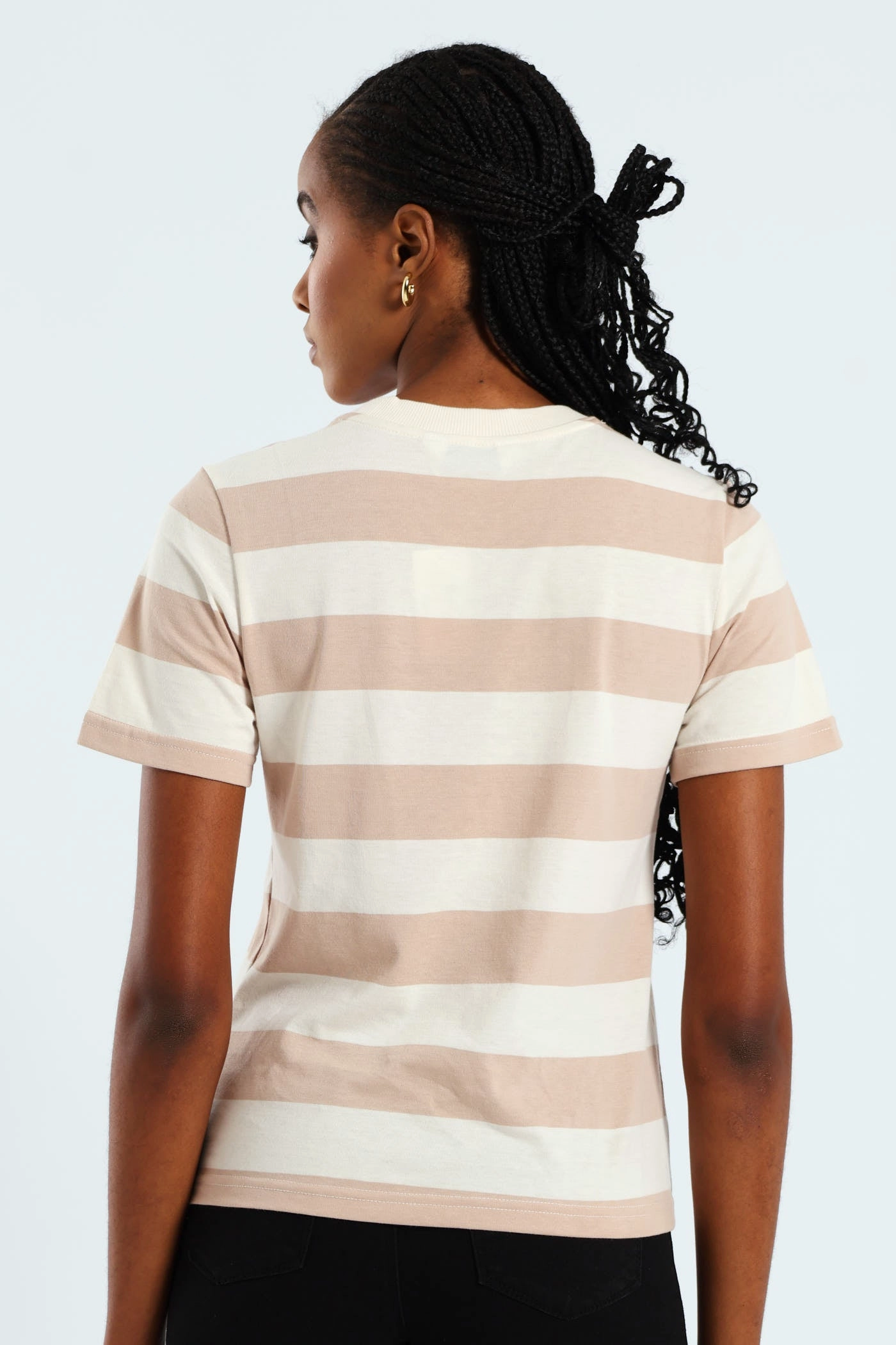 Boxy Bold Stripe Tee With Plain Rib Neck Detail - Taupe/Cream QuickDryConstruction