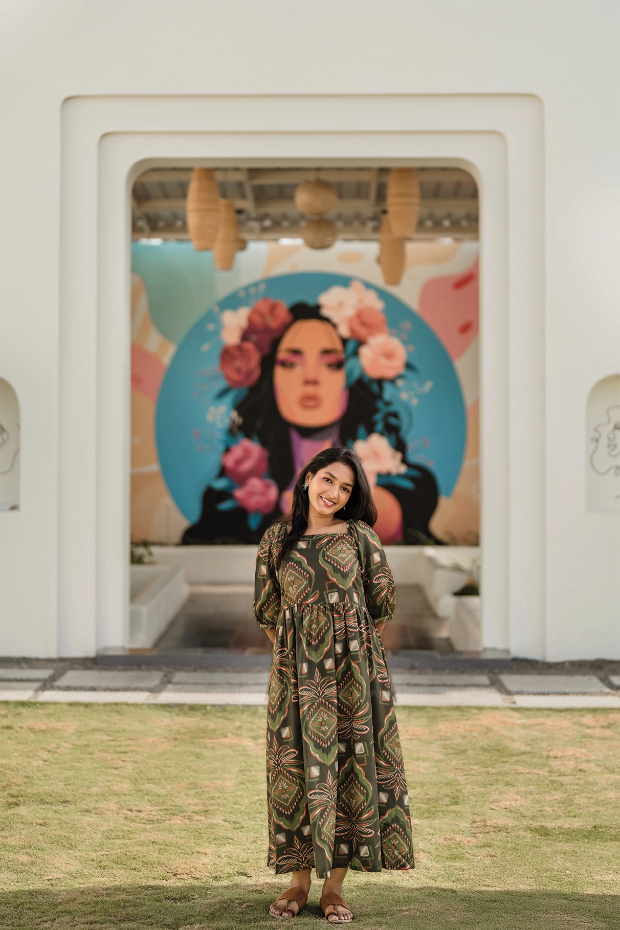 Burnished Green with Forest Desire floral printed Linen Blend Dress Linen Soft