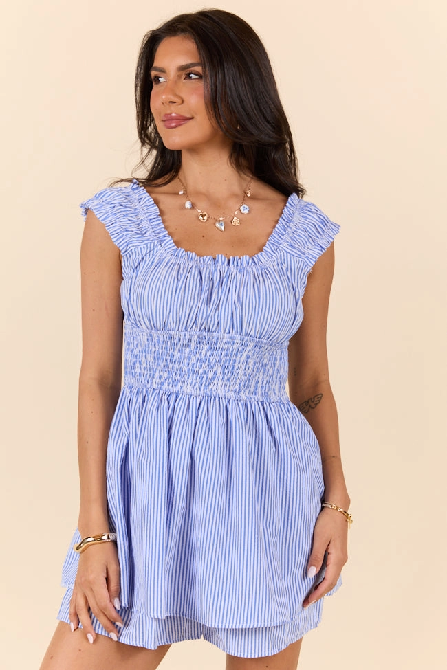 Good Things Take Time Blue Stripe Smocked Romper SALE TearResistantFabric Glossy-Finish