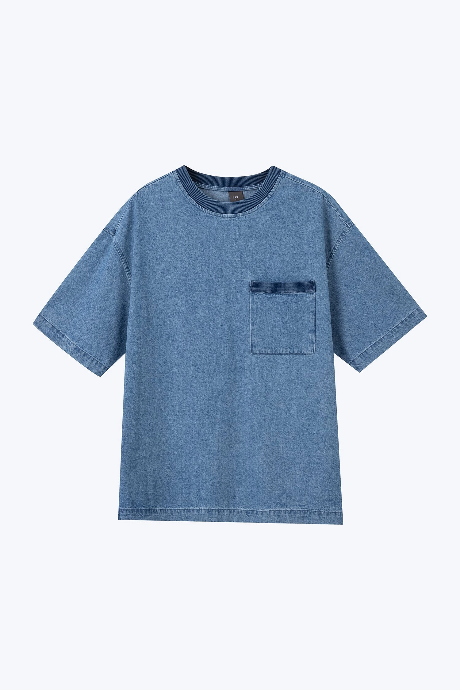 High Neckline Ribbed Pocket Denim Tee - Mid Tone Denim