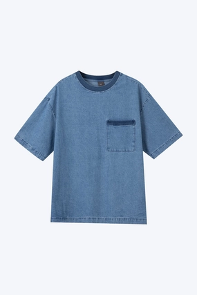 High Neckline Ribbed Pocket Denim Tee - Mid Tone Denim