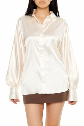Flatlock Stitching Technique Bonded Seam Technology Long Sleeve Oversized Woven Button Down Top - Cream