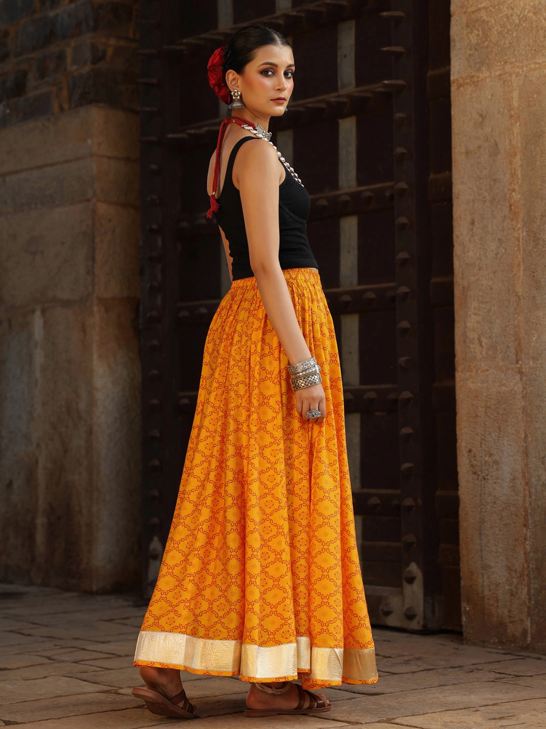 Wearable Art Influencer Style Women's Bandhani Printed Flared Long Skirt Yellow