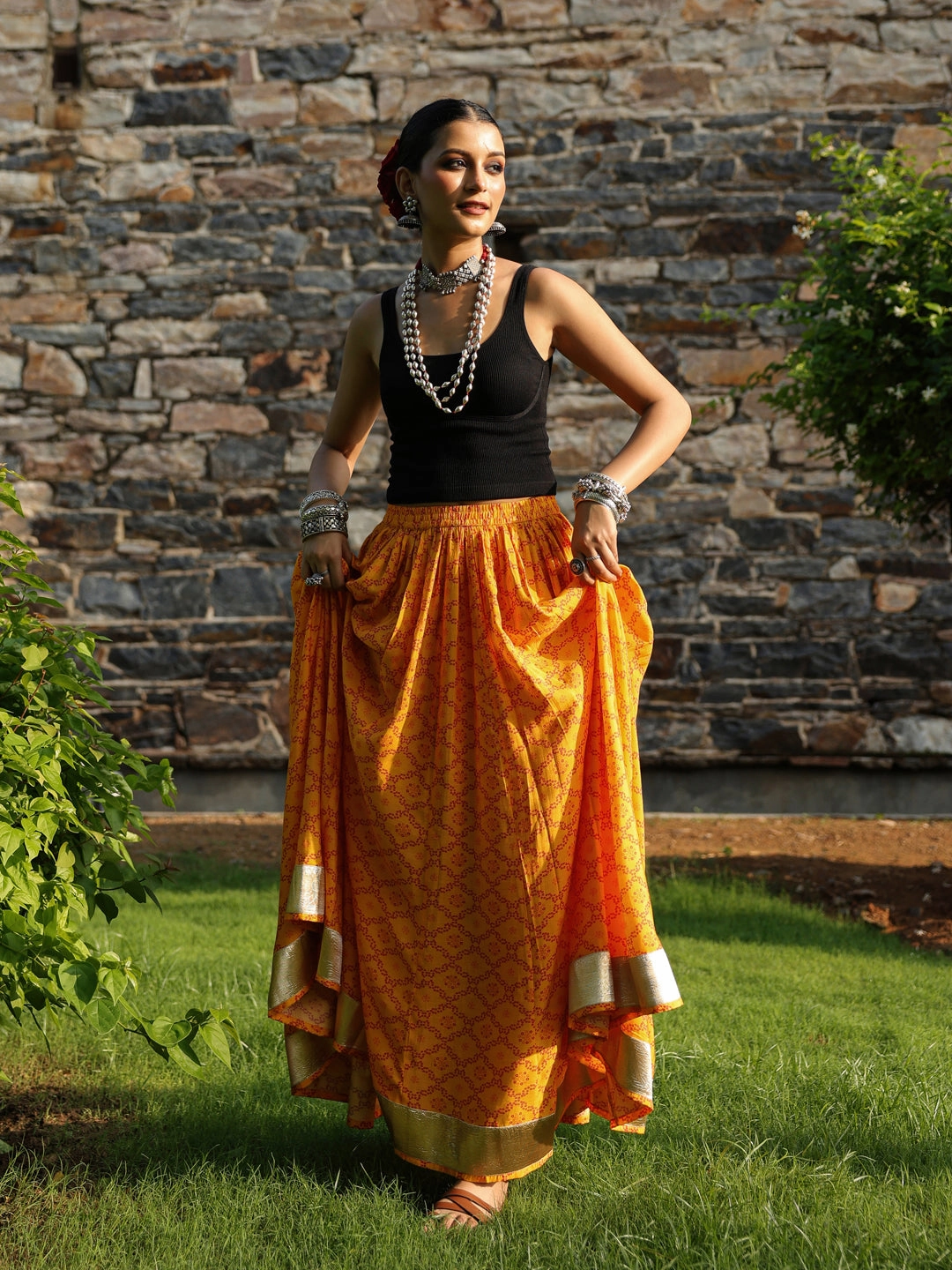 Bamboo Fiber Women's Bandhani Printed Flared Long Skirt Yellow