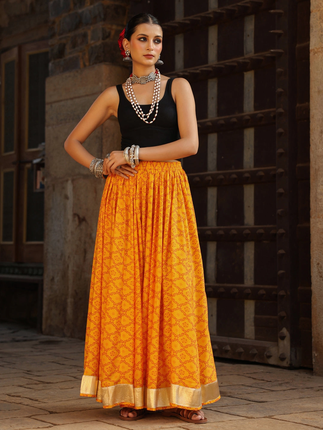 A Line Cut Soft Tones Women's Bandhani Printed Flared Long Skirt Yellow