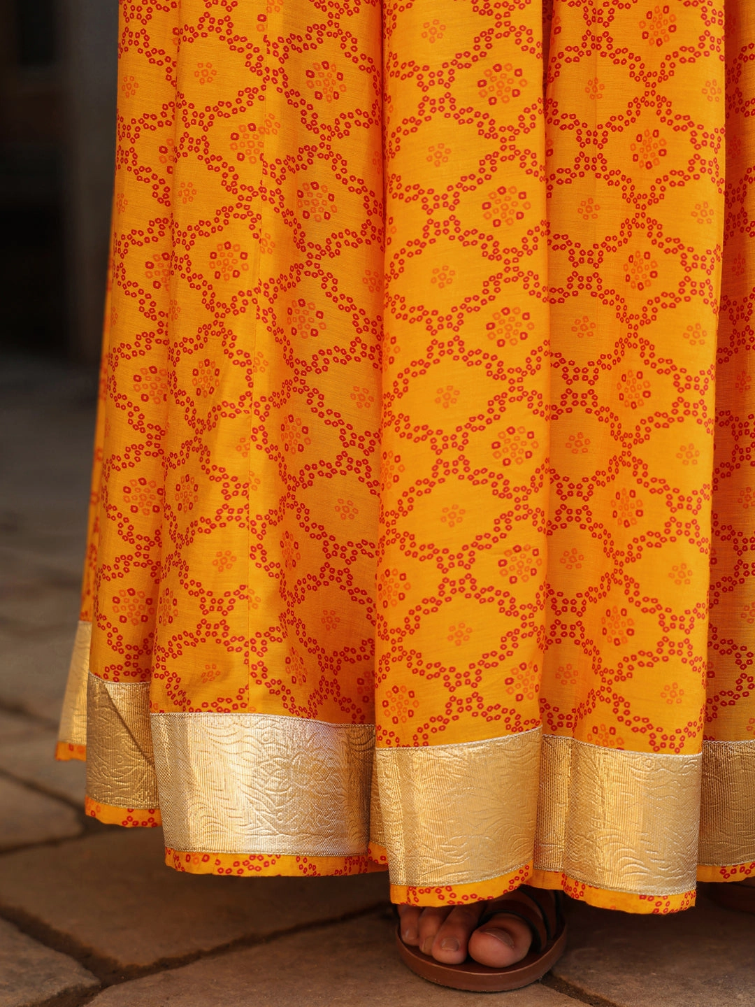 Winter Staple Neutrals Only Women's Bandhani Printed Flared Long Skirt Yellow