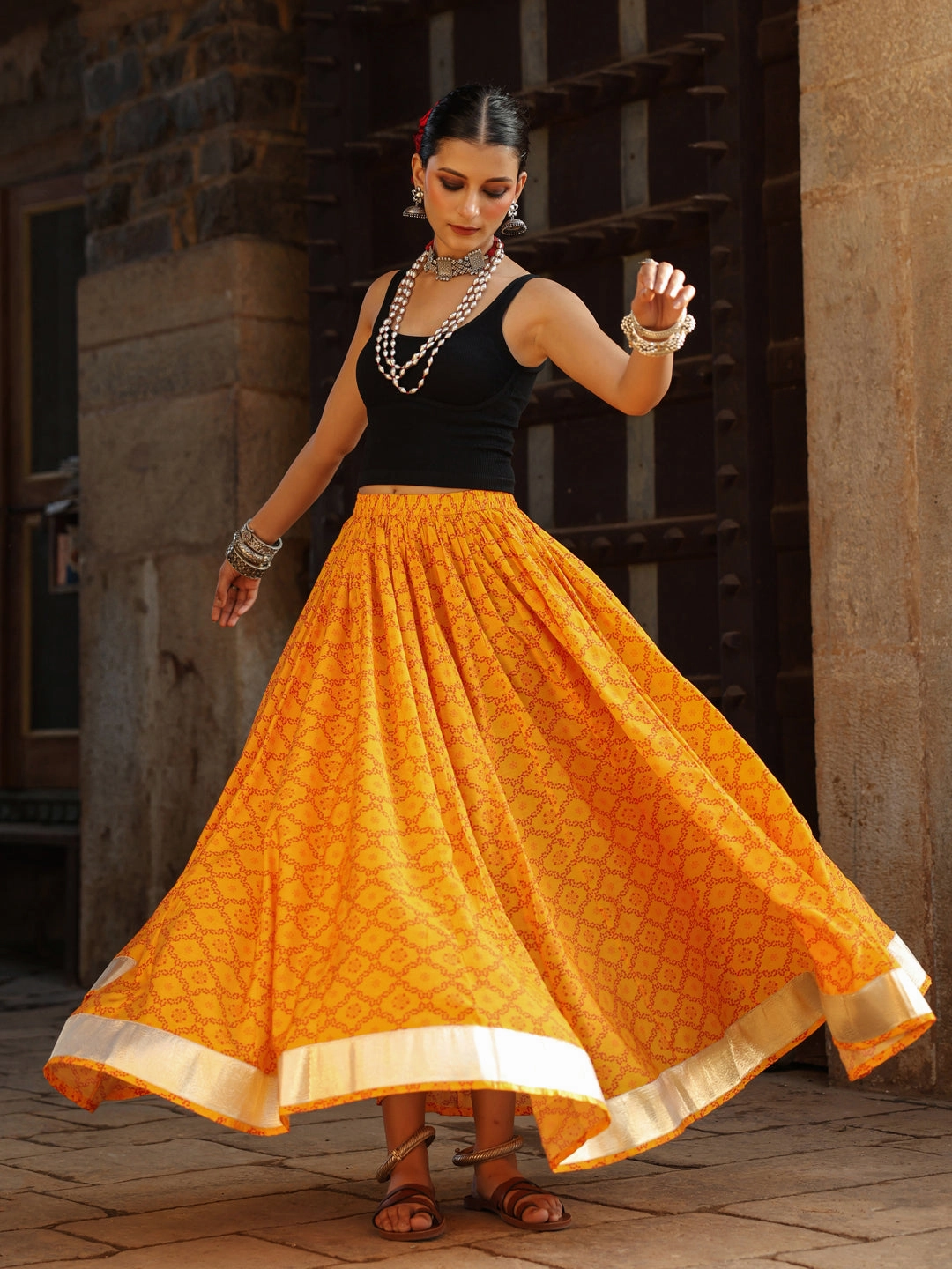 Women's Bandhani Printed Flared Long Skirt Yellow Office Appropriate