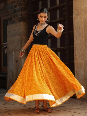 Women's Bandhani Printed Flared Long Skirt Yellow Office Appropriate