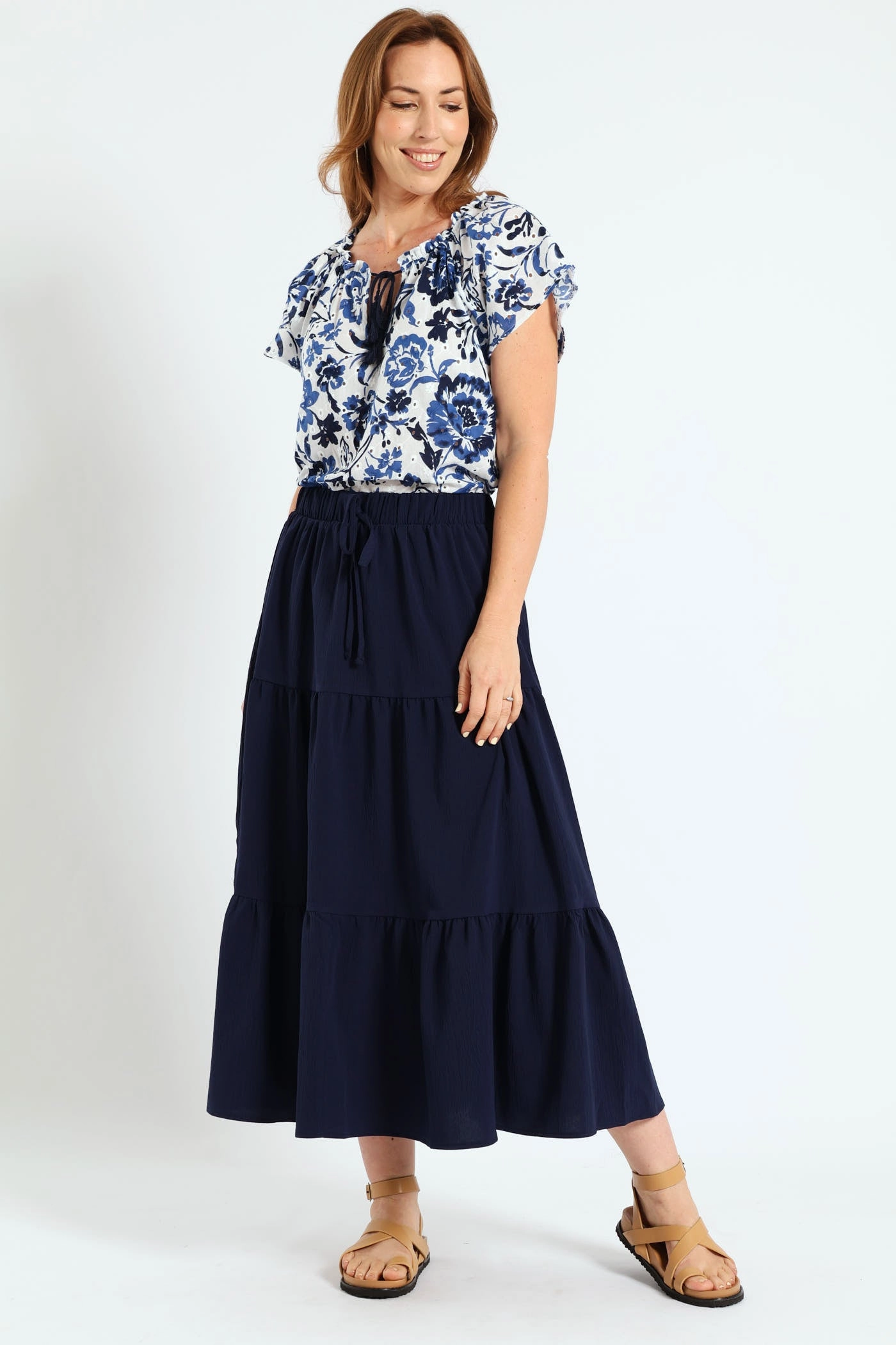 Broiderie Anglaise Peasant Top With Tassels - White/Blue Warm Fabric Buttonless Closure