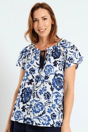 Broiderie Anglaise Peasant Top With Tassels - White/Blue DurableWeave Breathable Mesh Insert