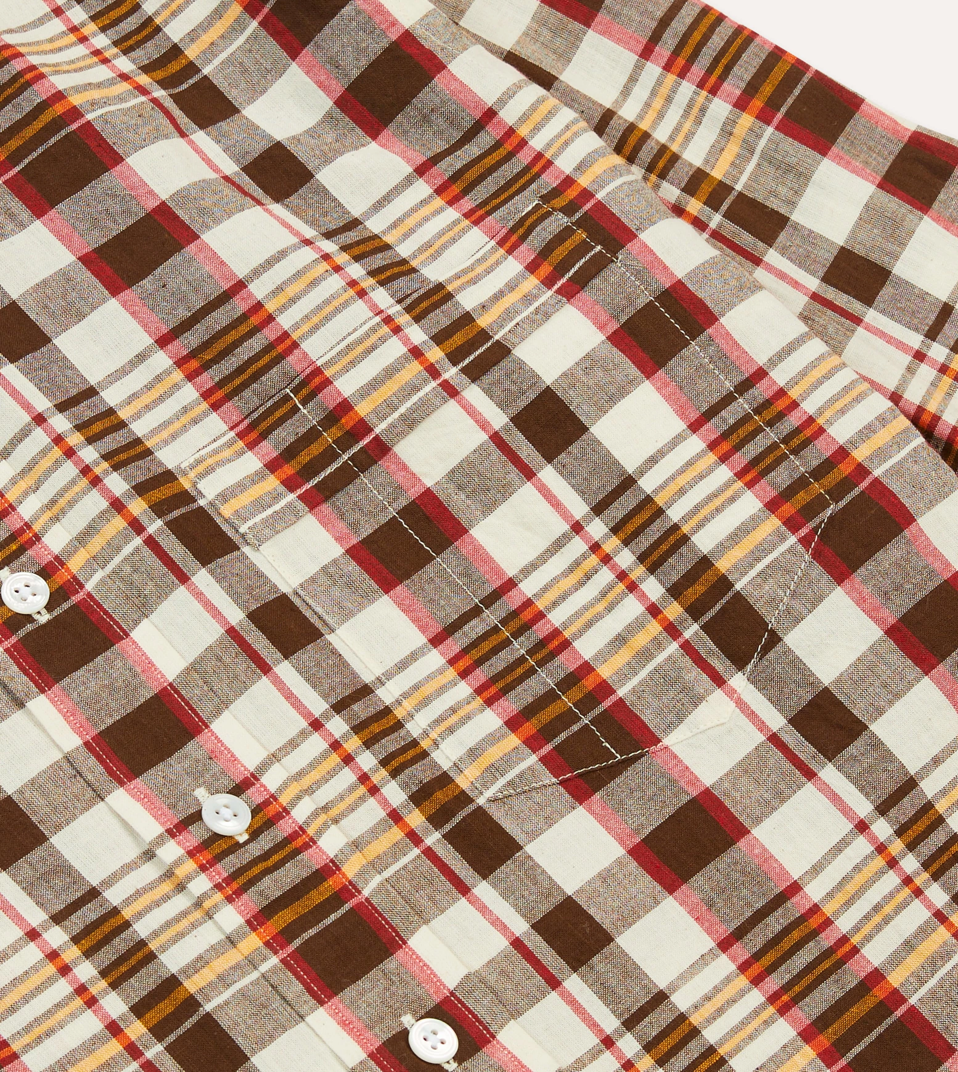 color block Business casual Brown and Red Madras Check Cotton Button-Down Shirt