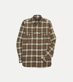 Brown Check Brushed Cotton Two-Pocket Work Shirt Geometric Print Subtle Details