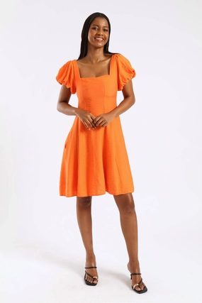 Bubble Short Sleeve Square Neck Pannelled Mini Dress - Orange Side Tie Outdoor Ready