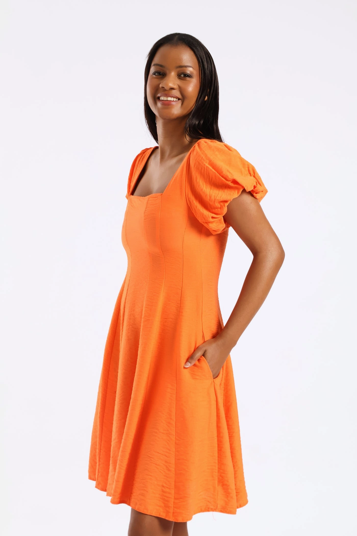 foldable Bubble Short Sleeve Square Neck Pannelled Mini Dress - Orange