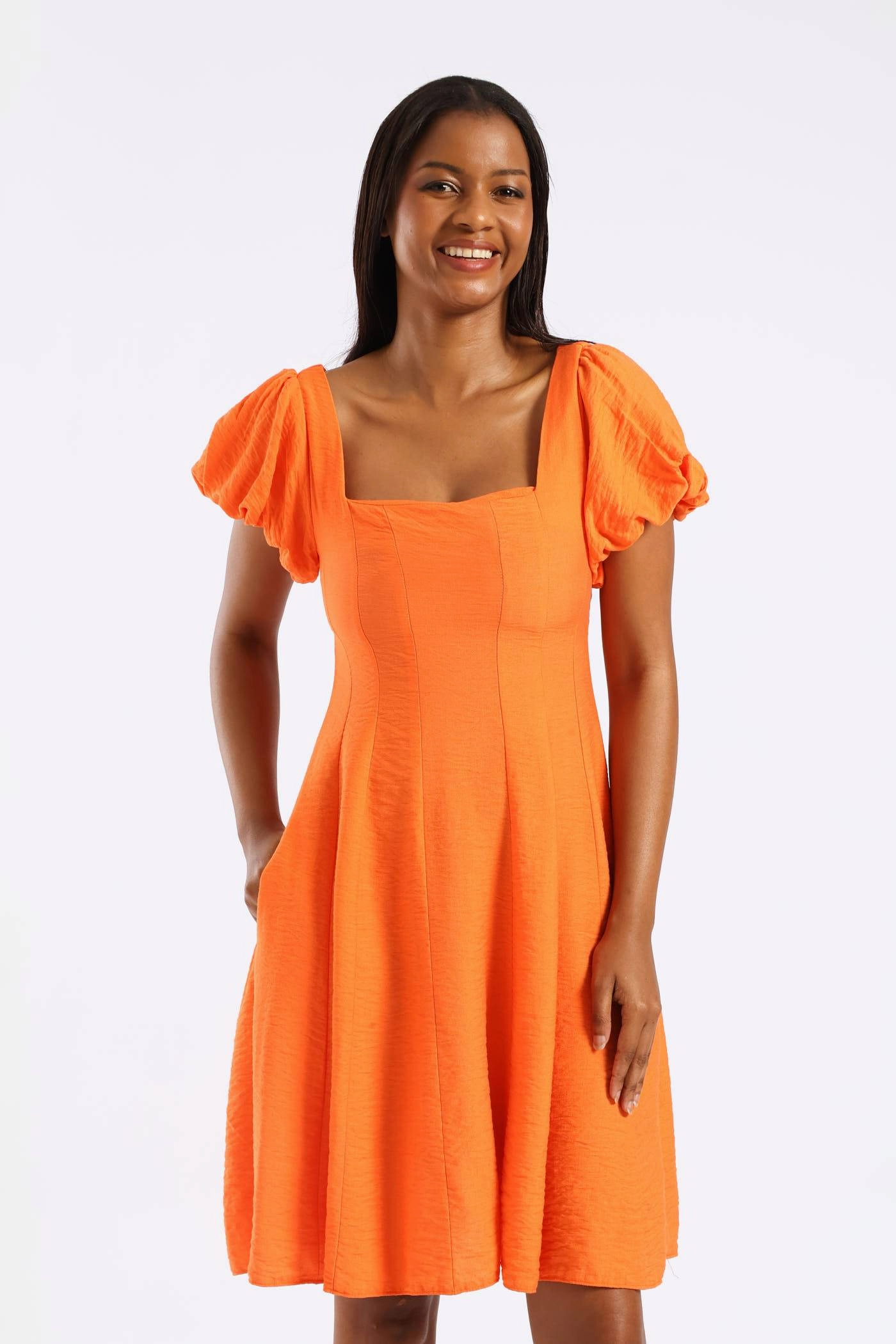 Bubble Short Sleeve Square Neck Pannelled Mini Dress - Orange Festive Mood