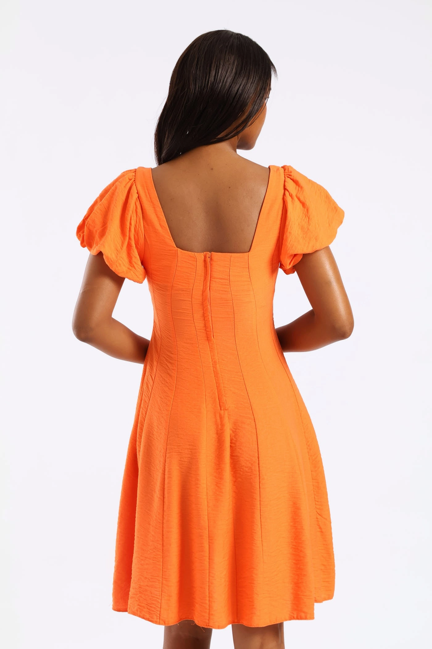 Bubble Short Sleeve Square Neck Pannelled Mini Dress - Orange Eye Appeal Petite-Size
