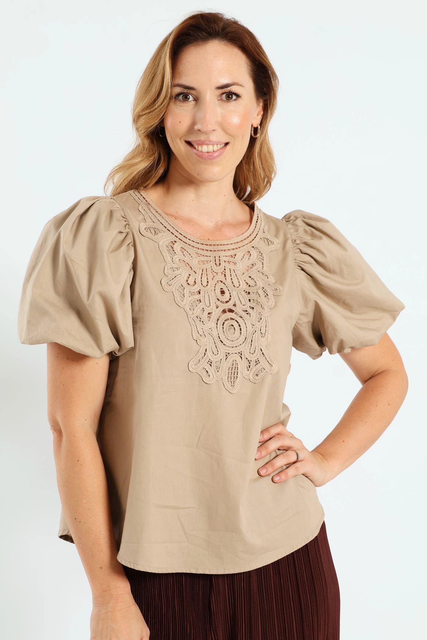Bubble Sleeve Neck Motif Poplin Top - Dark Beige StretchFit LightweightTexture