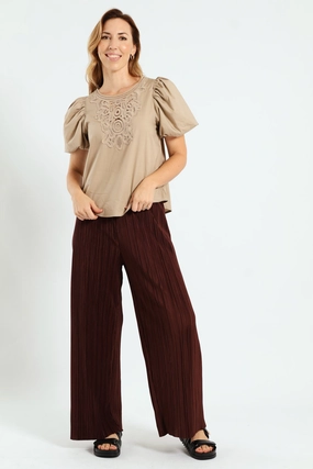 Oversized Silhouette V Neck Design Bubble Sleeve Neck Motif Poplin Top - Dark Beige