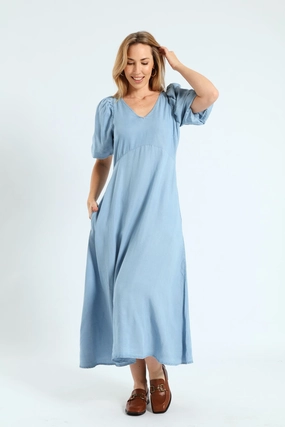 Bubble Sleeve V-Neck Pocket Midaxi Dress - Light Wash Retro Vibes Drawstring-Closure