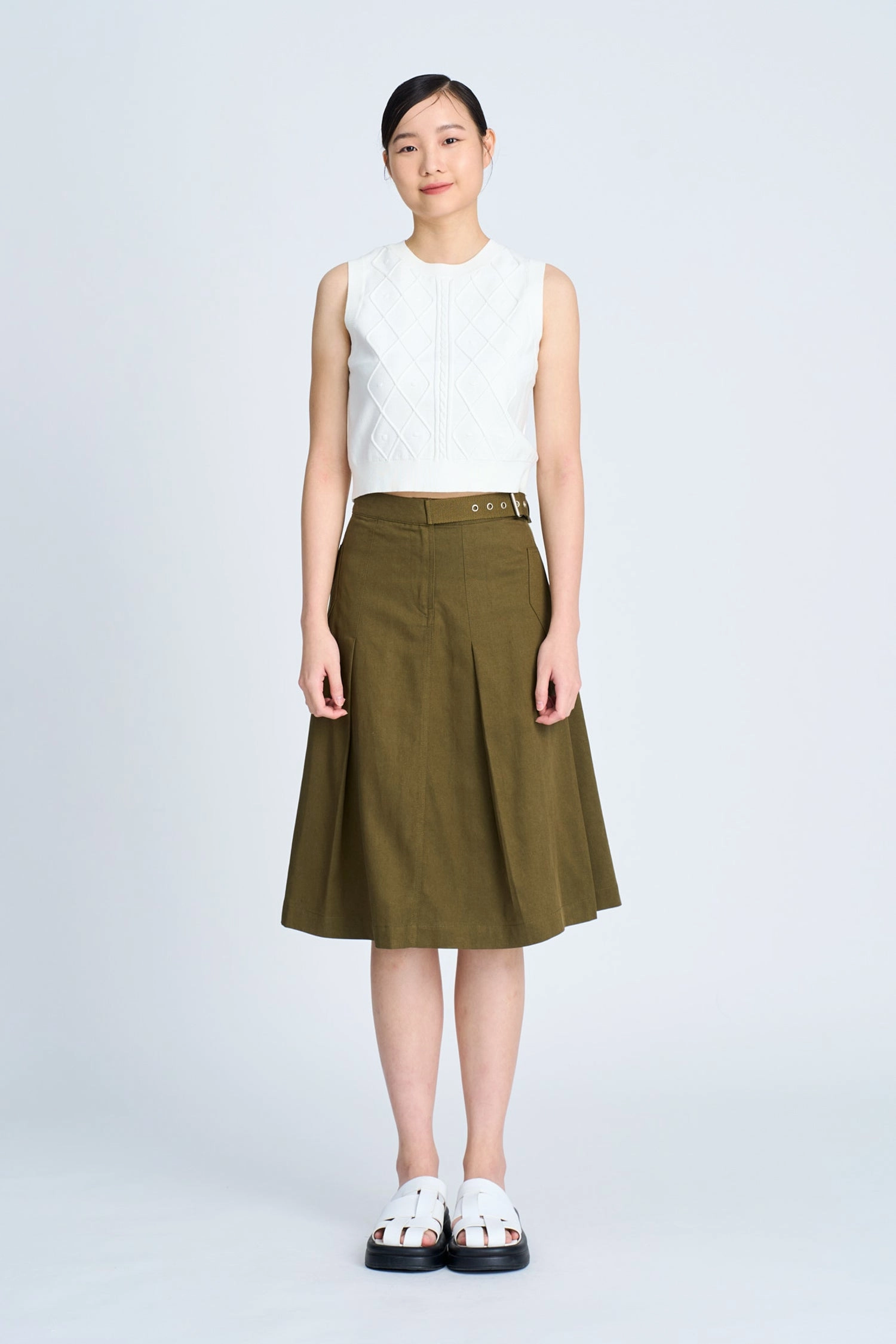 Buckle Pleated Skirt - Army Green [AT] Simple Flow Visual Outfit