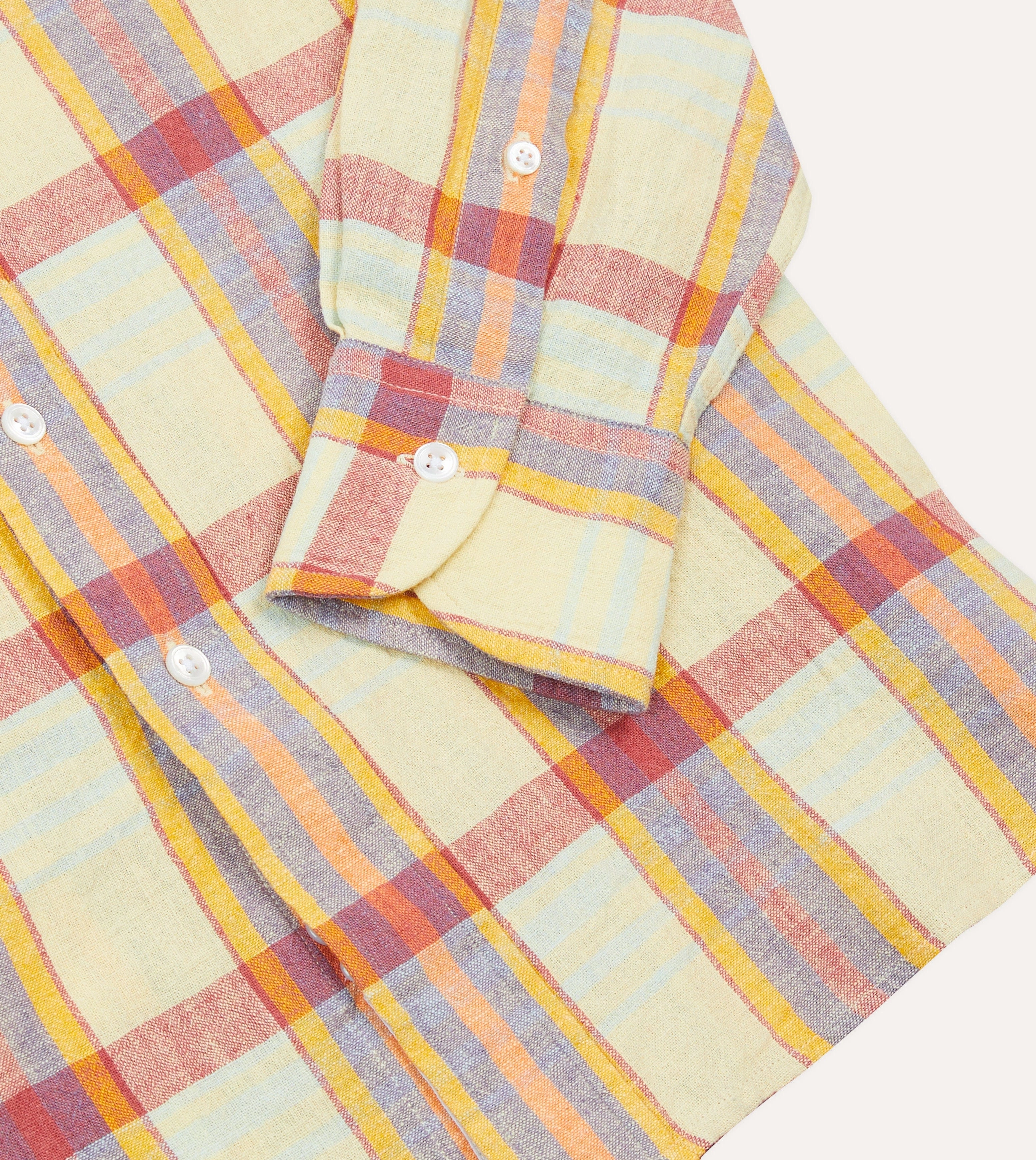 Yellow and Red Madras Check Cotton-Linen Button-Down Shirt Versatile Clothing