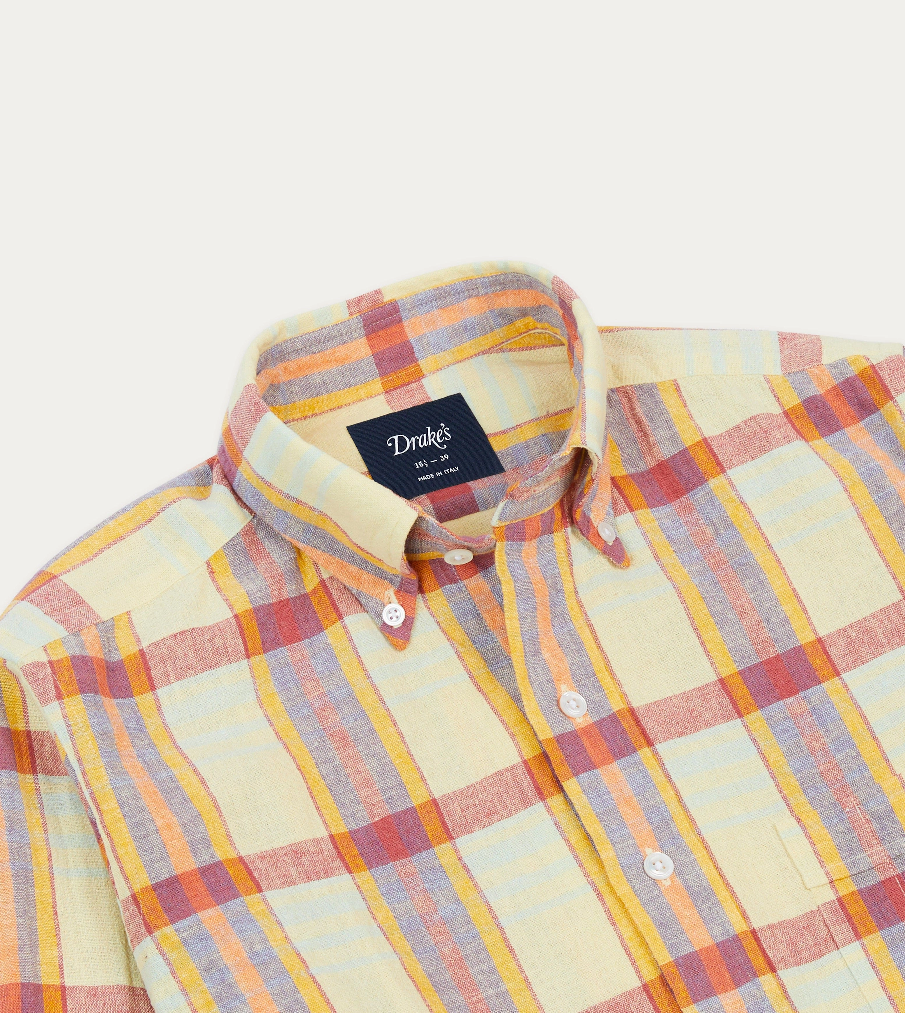 Yellow and Red Madras Check Cotton-Linen Button-Down Shirt Breathable Lining