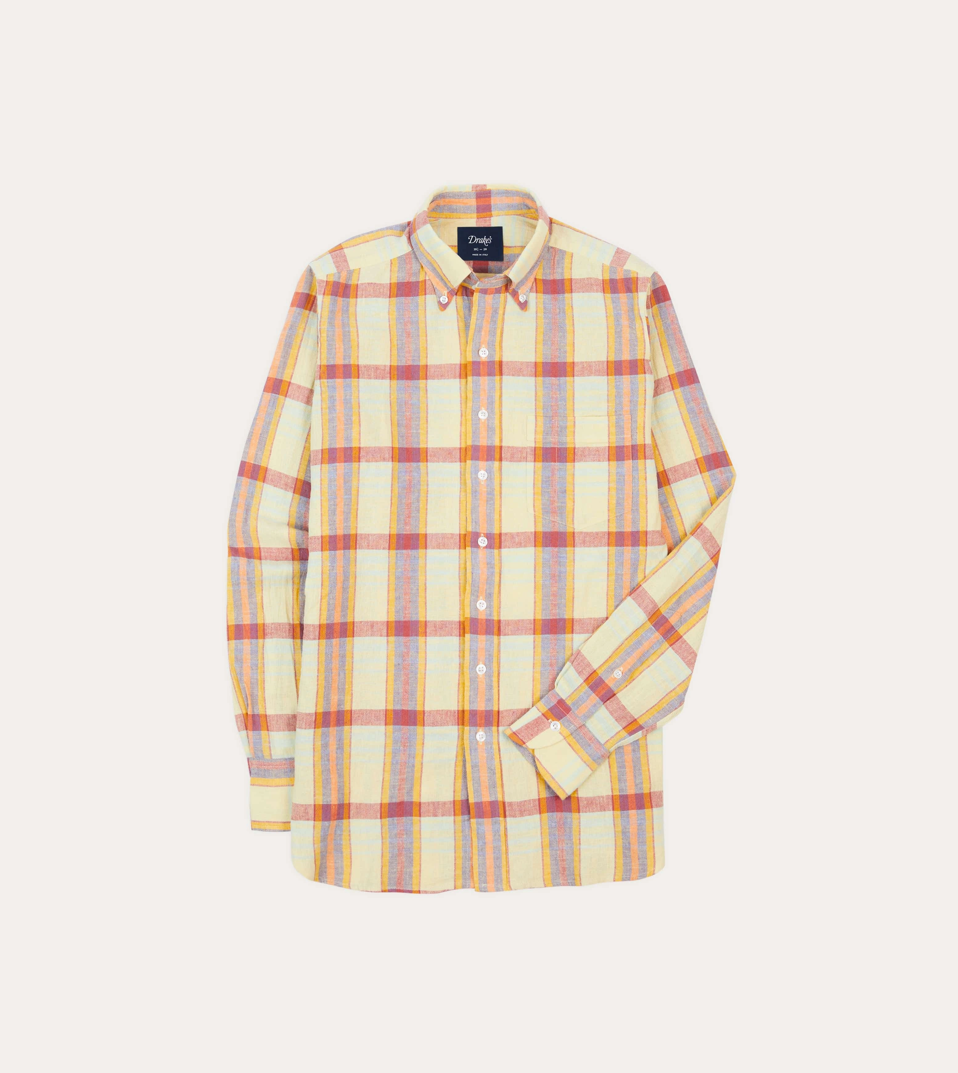 Yellow and Red Madras Check Cotton-Linen Button-Down Shirt Weekend Adventure Quick Release Placket