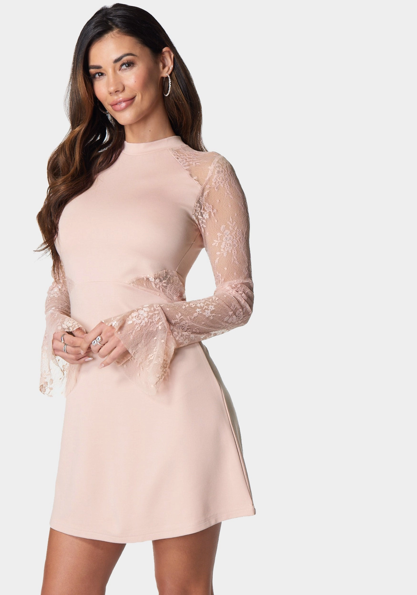 Soft Gradient Soft Motion Lace Bell Sleeve Cutout Dress