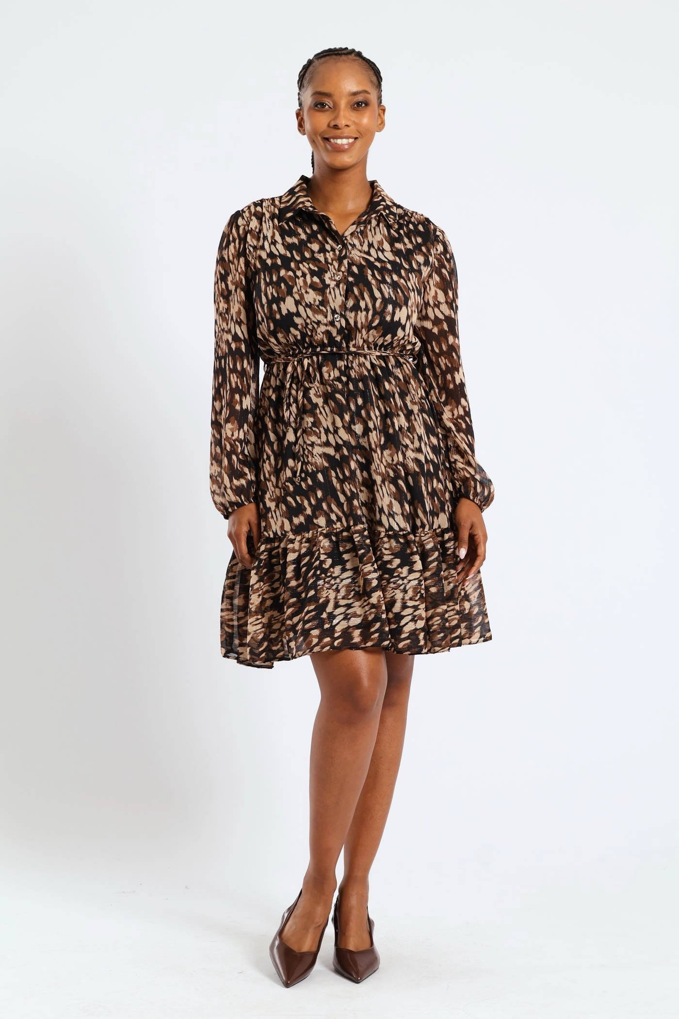Cozy Base Button Through Tiered Monochrome Floral Tea Dress - Black