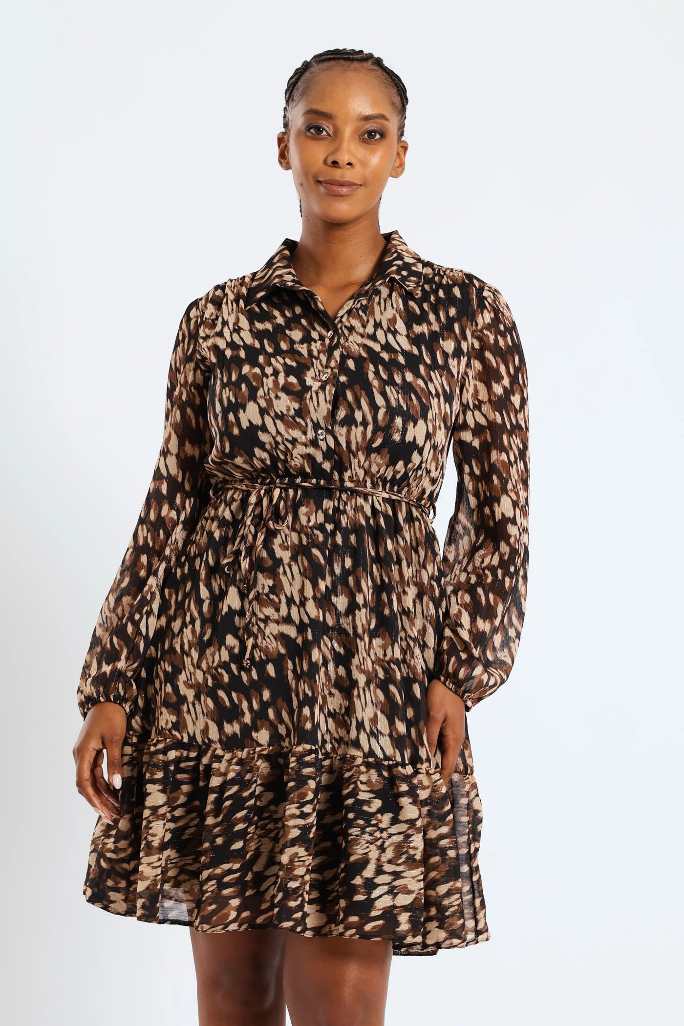 Calm Drape Button Through Tiered Monochrome Floral Tea Dress - Black