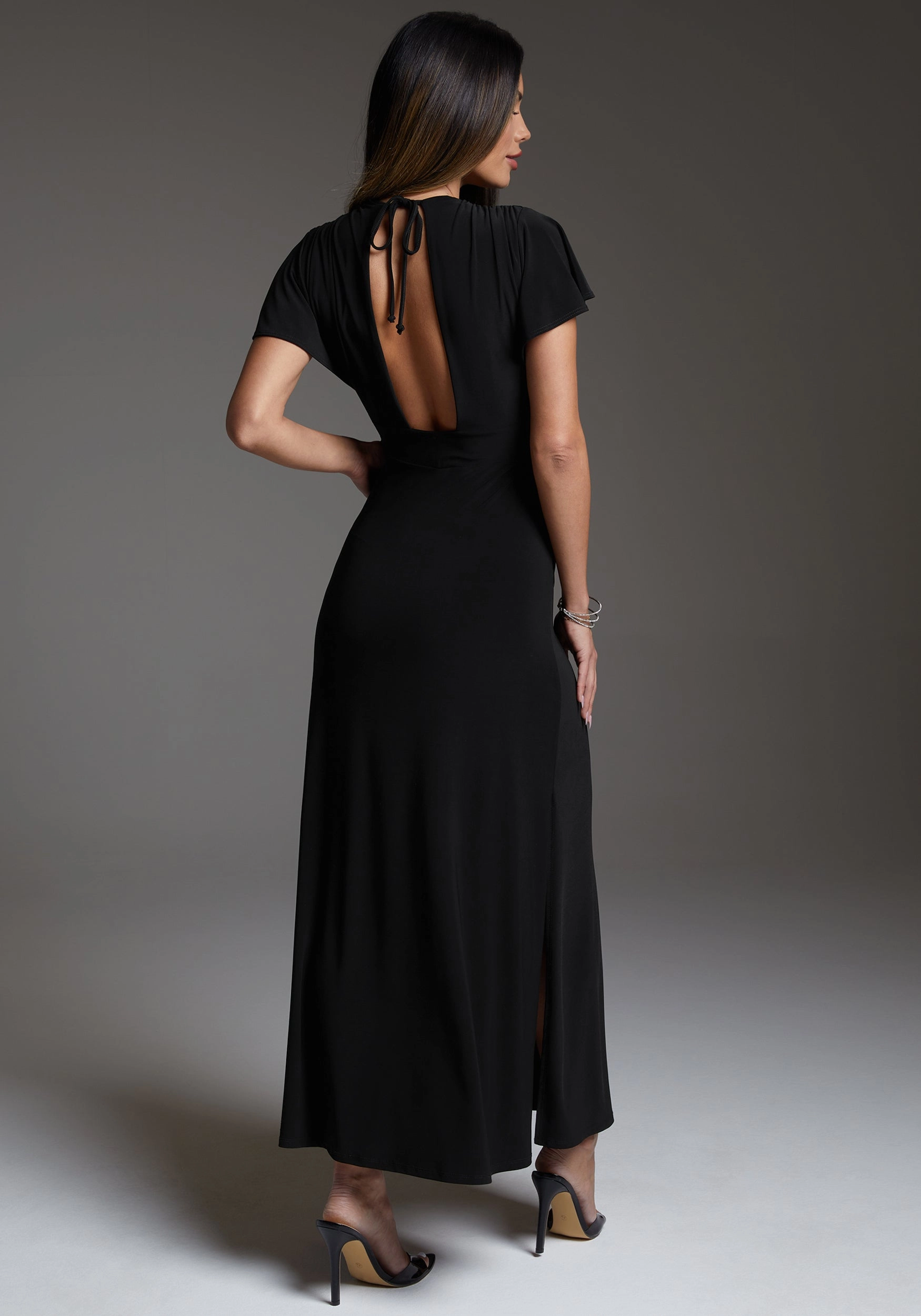 Side Ruching Cap Sleeve V-Neck Full Maxi Dress