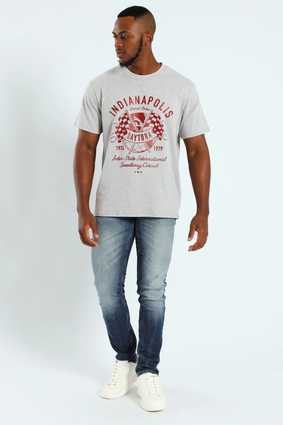 Race Flag Printed Tee - Grey Melange Oversized Silhouette