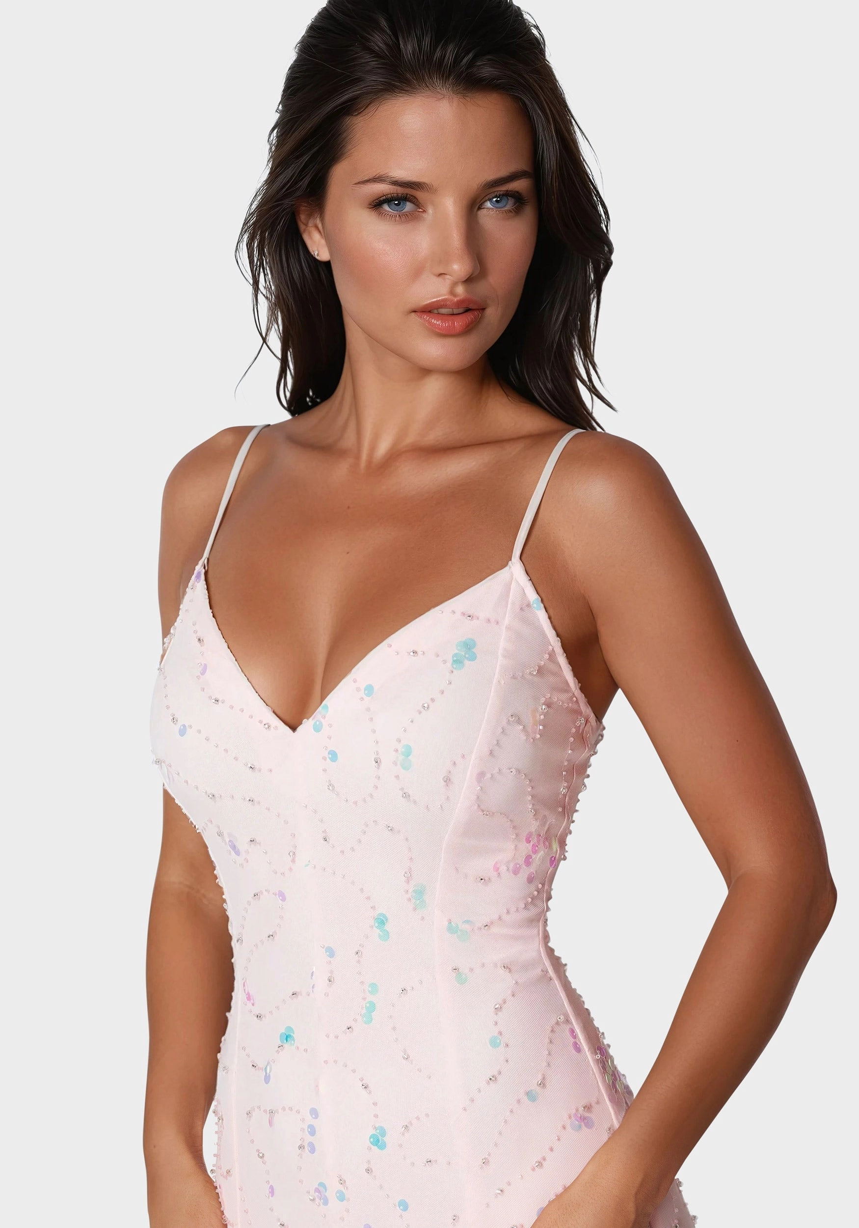 Cascade Beaded Mesh Gown Cloud Light Velvet-Touch