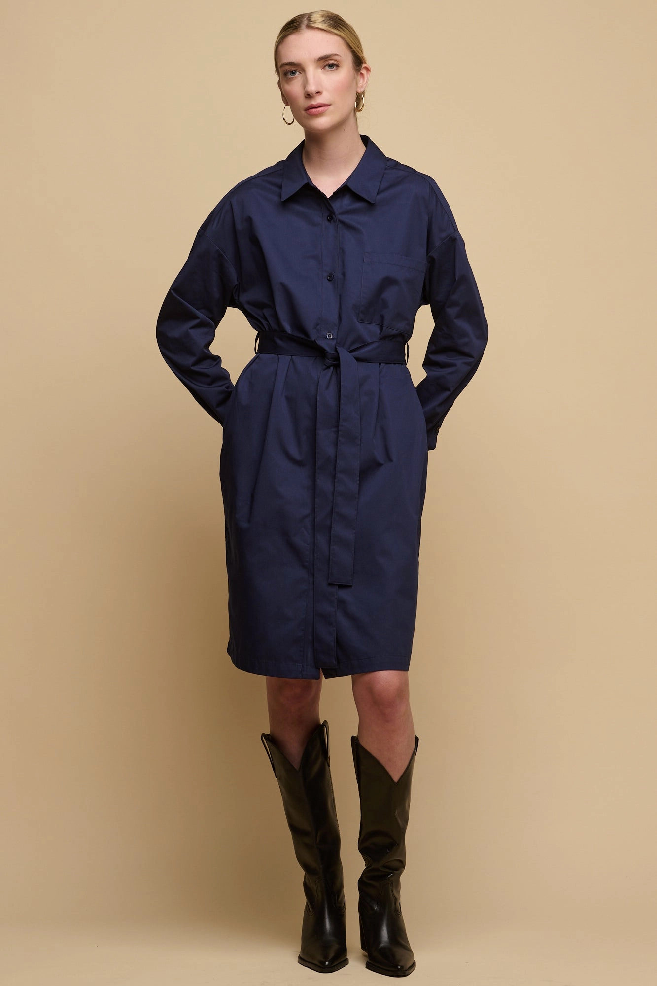 Cozy Layer Simple formal dress Women's Lorelle Belted Midi Cotton Shirt Dress - Navy