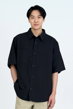 Soft Material Casual Layering Wear Casual Dual Pocket Shirt - Black [AT]