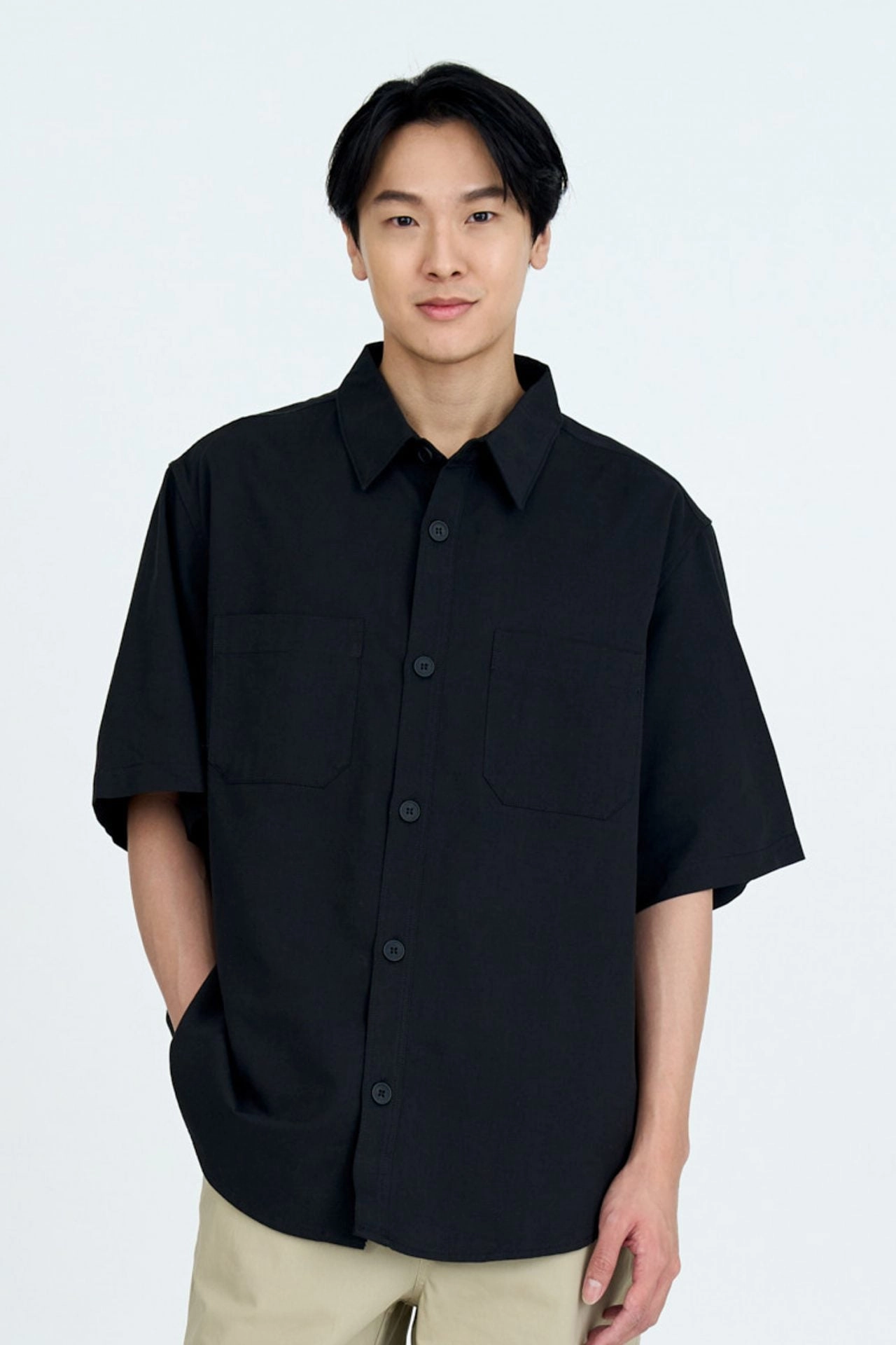 LayeredSleeveConstruction Polka Dot Pattern Casual Dual Pocket Shirt - Black [AT]