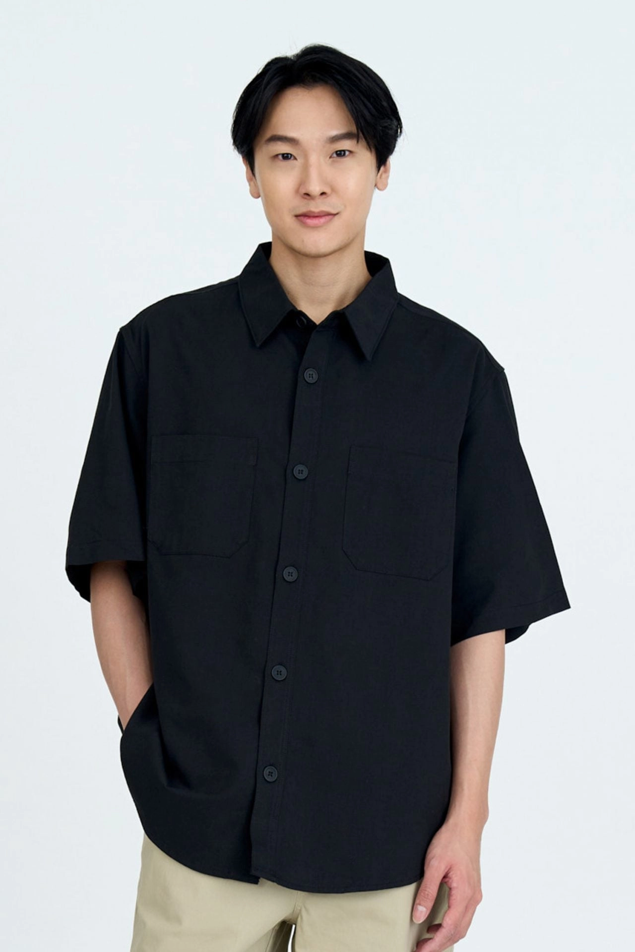 Soft Material Casual Layering Wear Casual Dual Pocket Shirt - Black [AT]