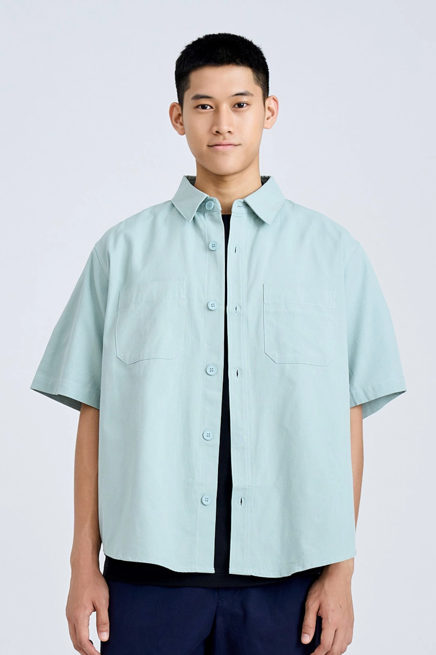 Geometric precision Wool combination Casual Dual Pocket Shirt - Teal Green [AT]