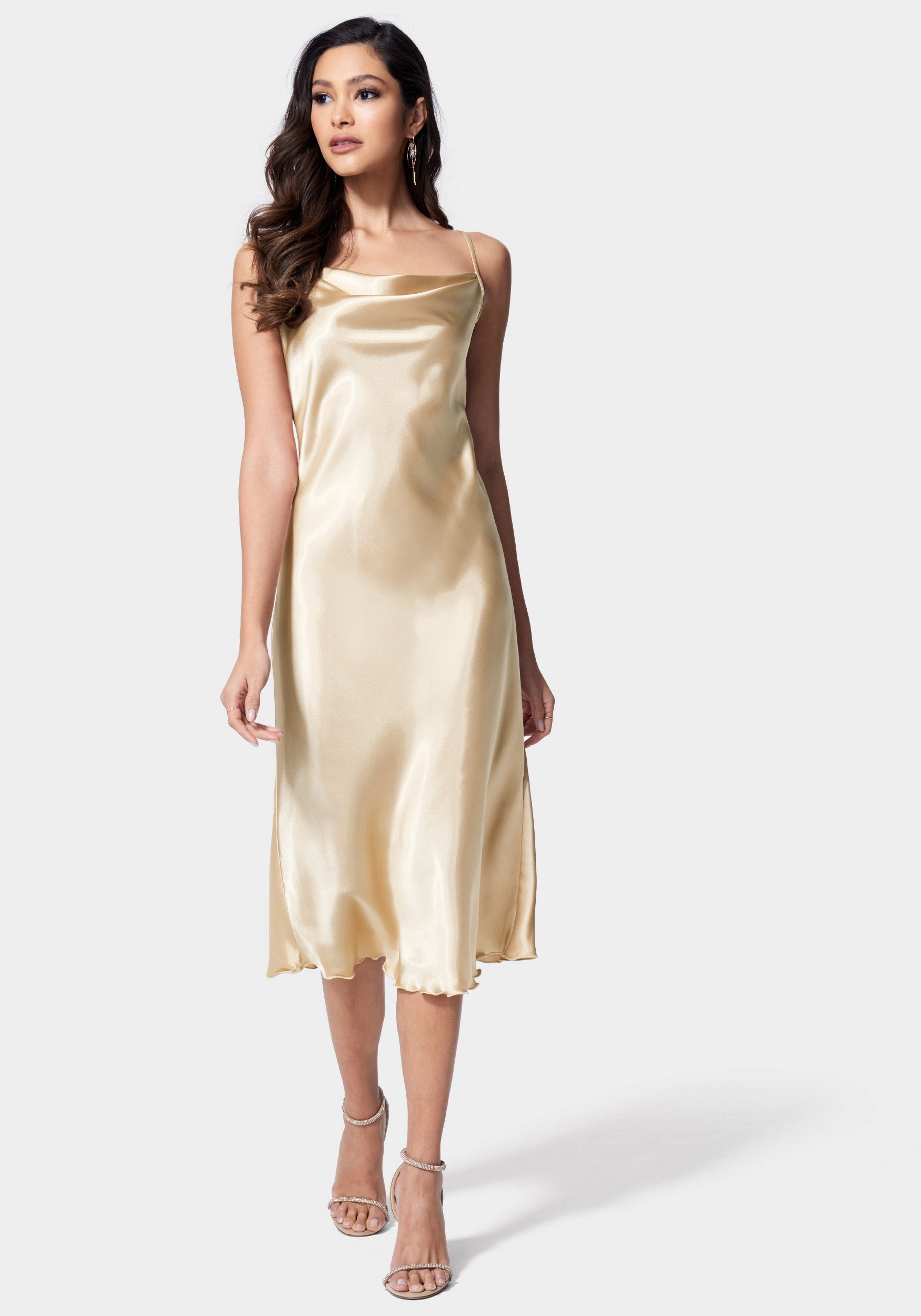 Comfortable Style Satin Cowl Neck Slip Midi Dress