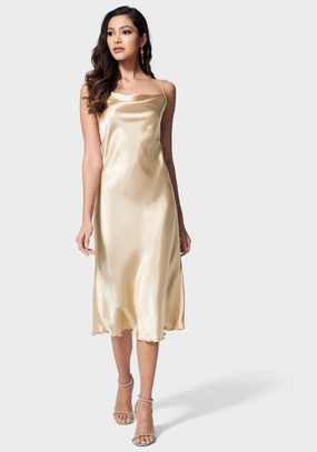 Comfortable Style Satin Cowl Neck Slip Midi Dress