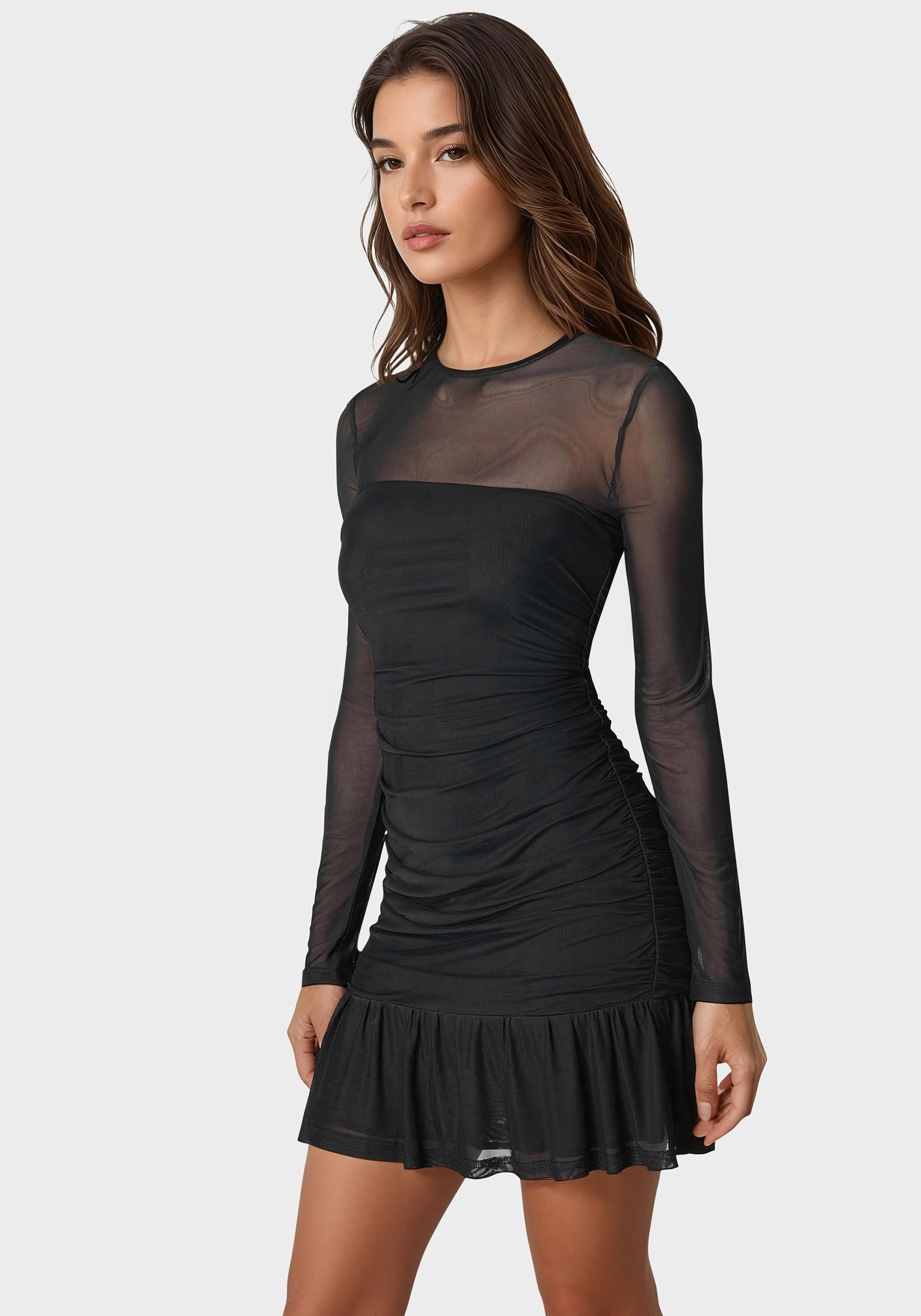 Minimal Comfort Flounce Mesh Longsleeve Mini Dress