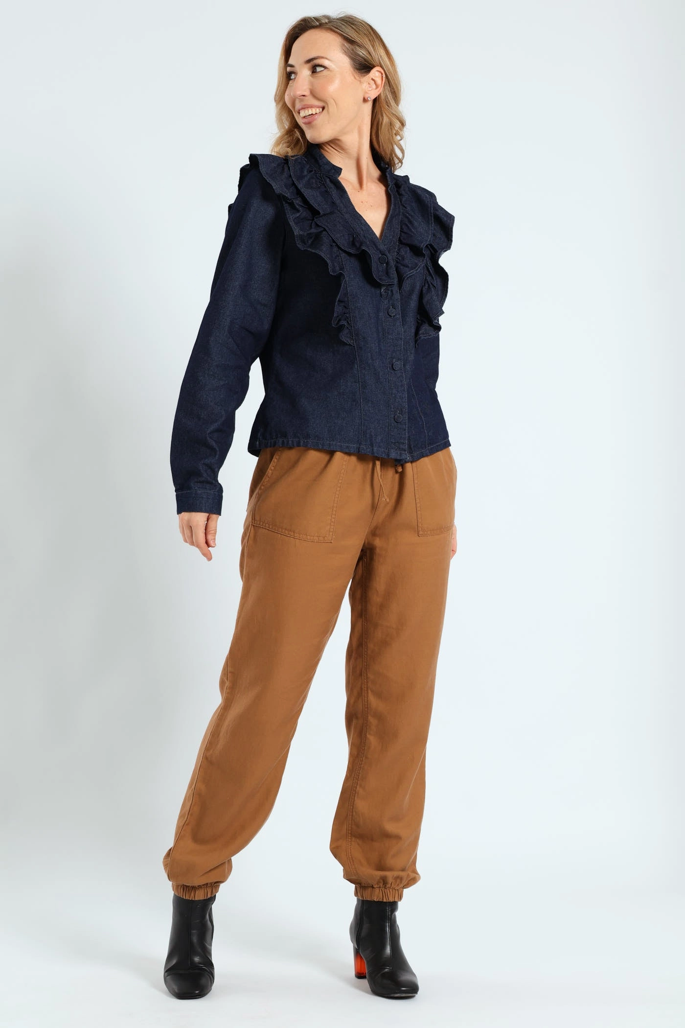 Long Sleeve Denim Frill Button Through Shirt - Ink Smooth Interior Lining