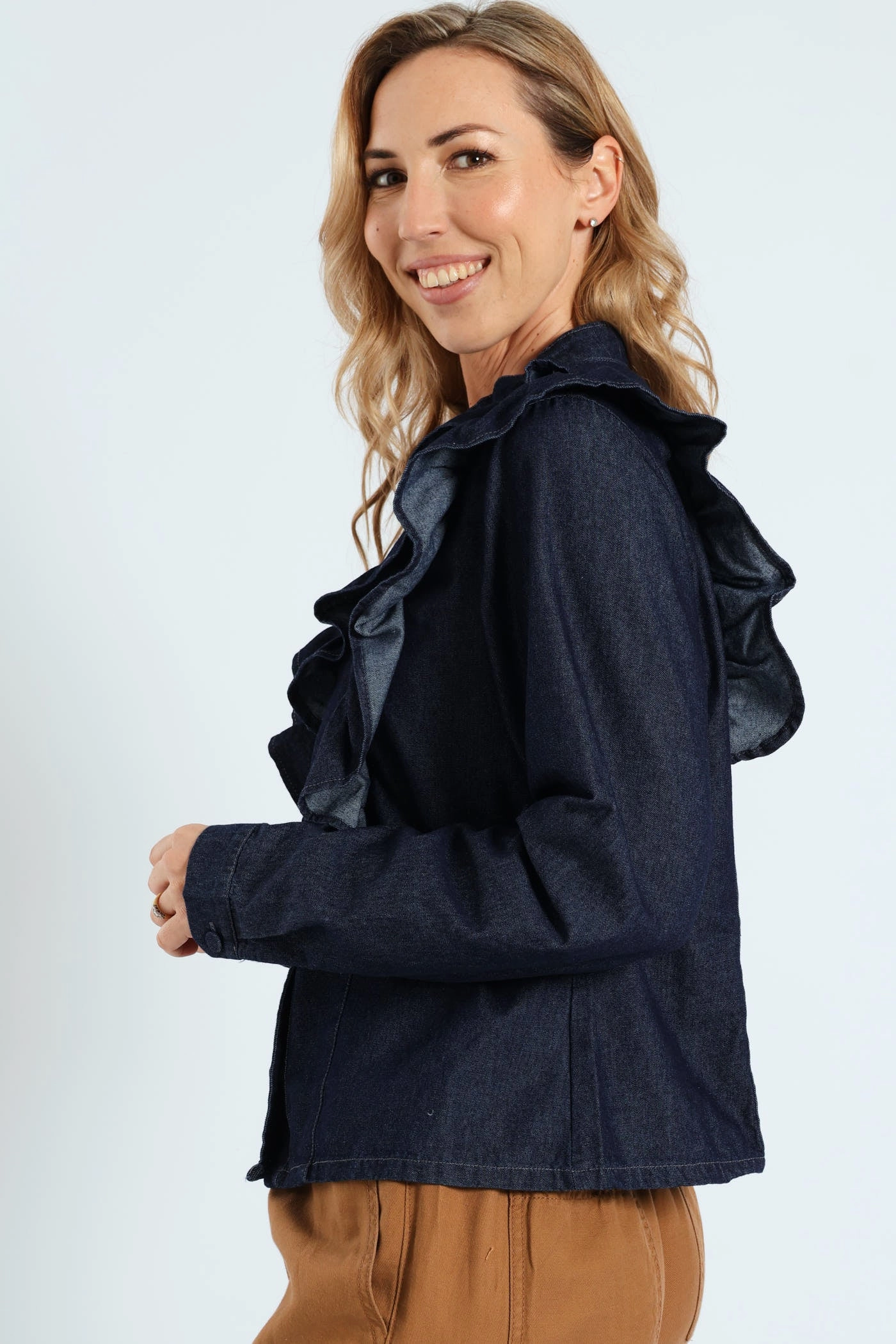 WrinkleResistant Long Sleeve Denim Frill Button Through Shirt - Ink