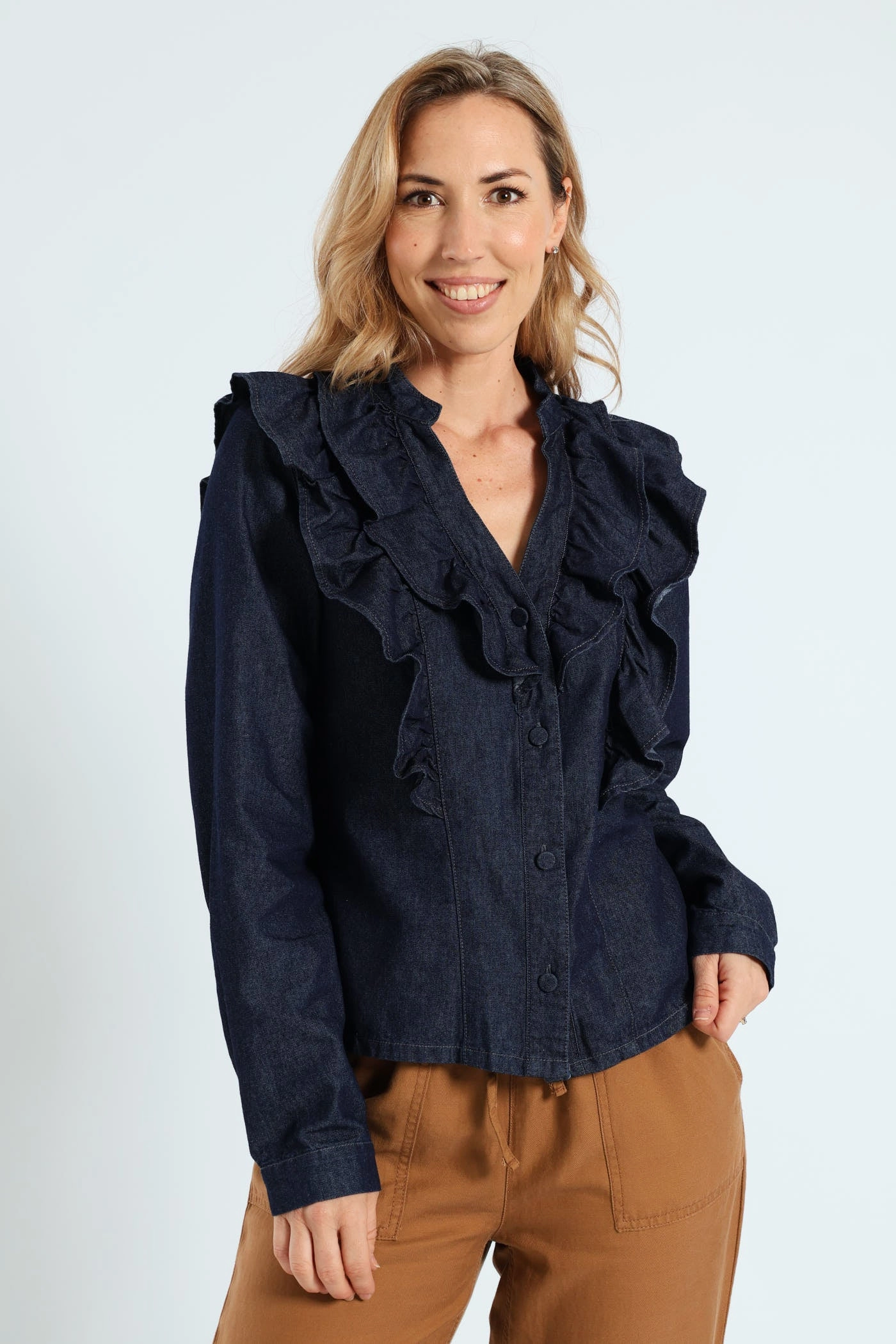 Long Sleeve Denim Frill Button Through Shirt - Ink Taped Neckline