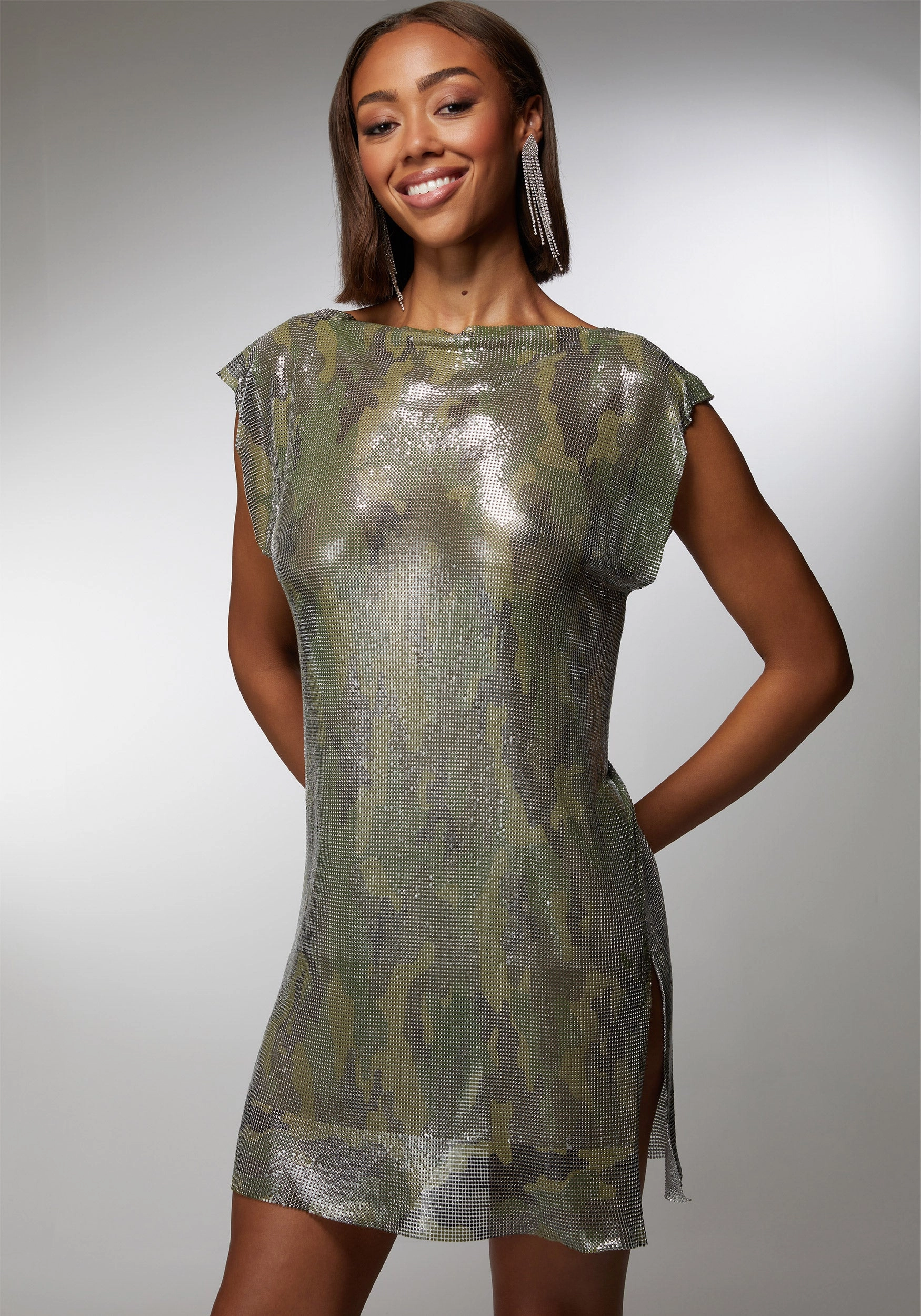 Satin-Sleeve Chainmail Mini Dress