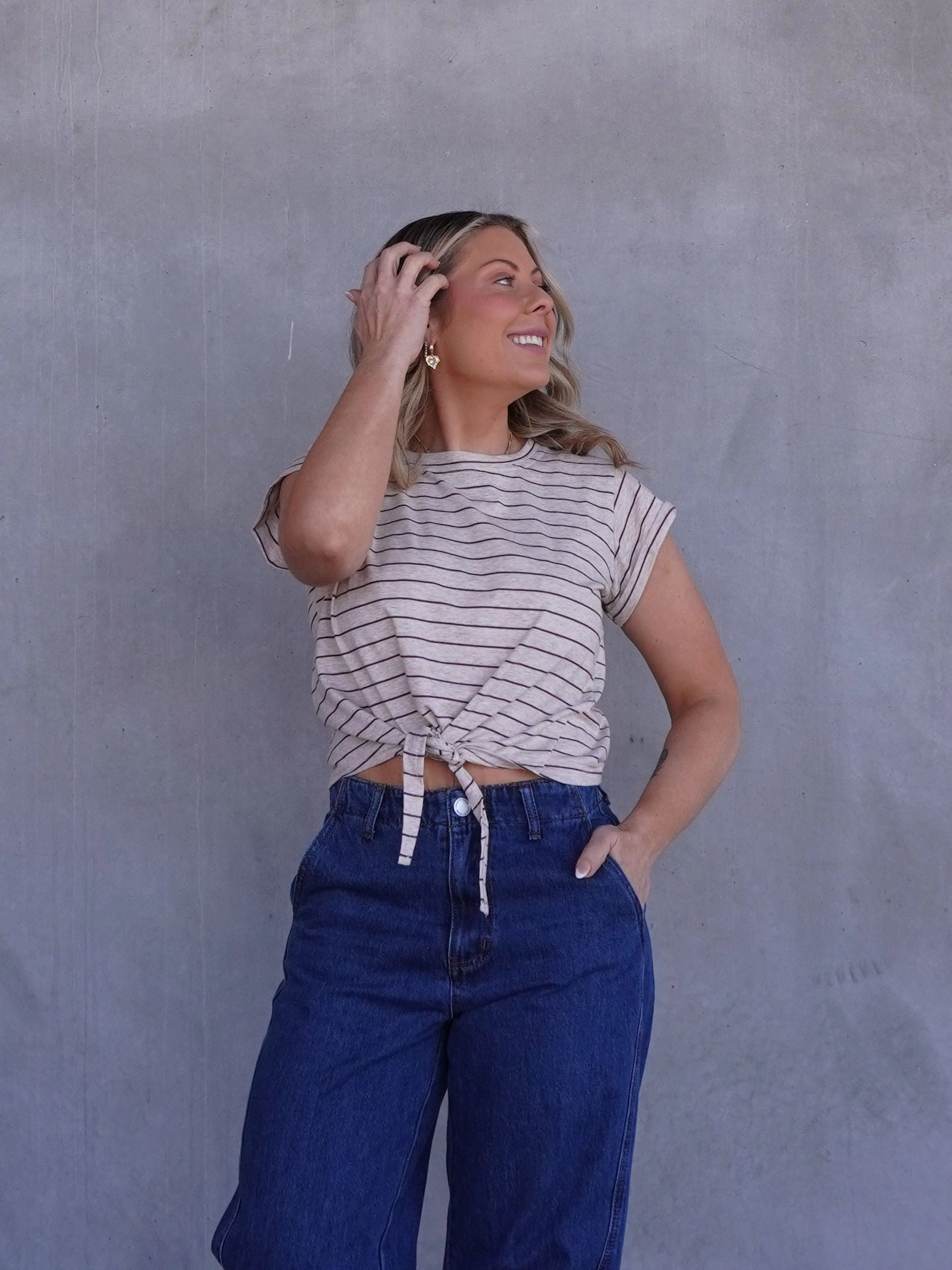 FrenchTerryTexture Layered Placket Design Charm Tee - Beige/Brown