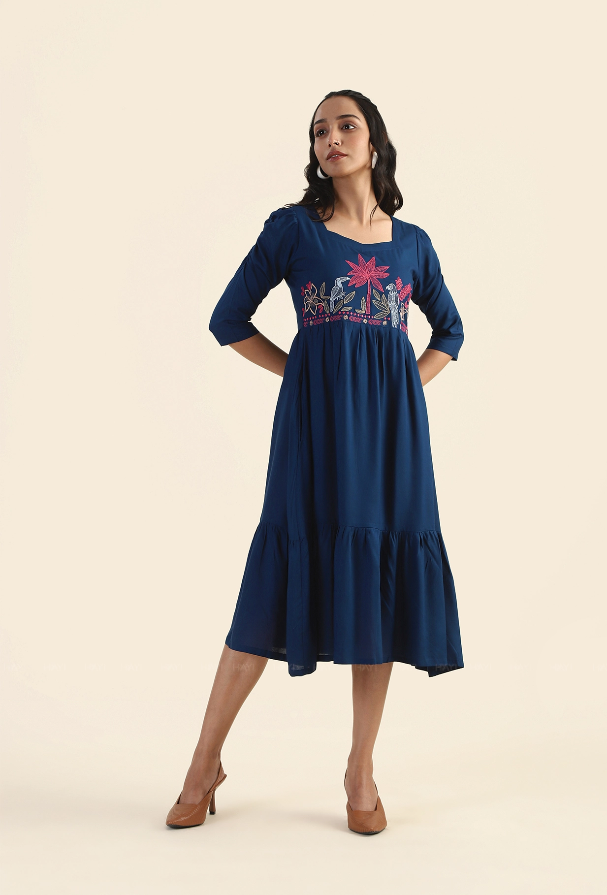 Charming Navy Whispering Toucan with Embroidery Dress everyday elegance